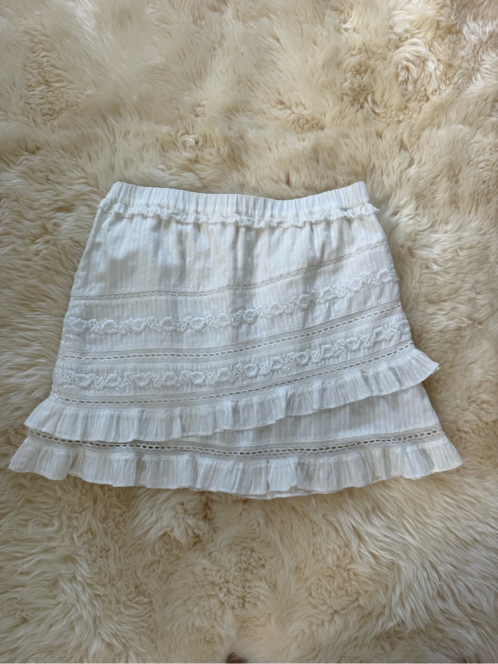 LoveShackFancy White Ruffled Lace Tiered Mini Skirt